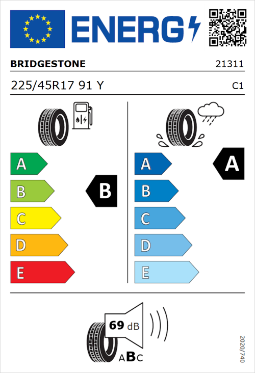 Tyre Label for Bridgestone Turanza 6 225/45R17 91Y