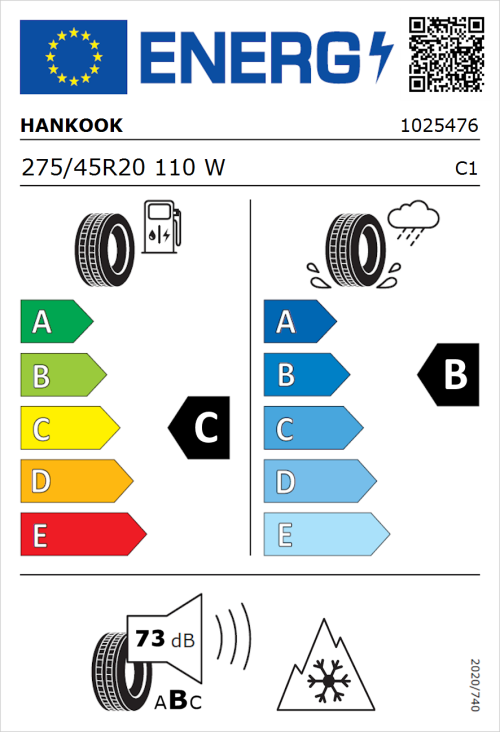 Tyre Label for Hankook Kinergy 4S 2 H750 275/45R20 110W