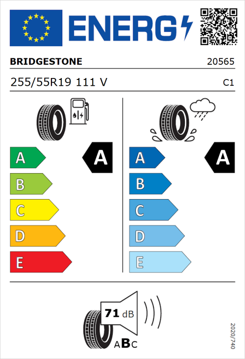 Tyre Label for Bridgestone Turanza 6 255/55R19 111V