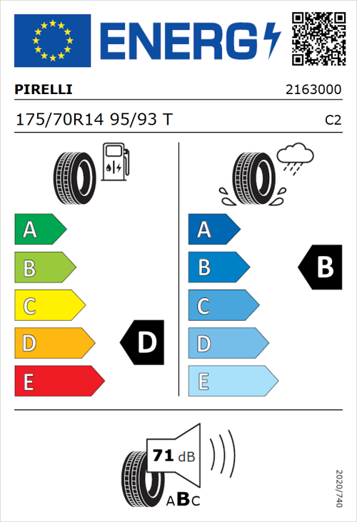 Tyre Label for Pirelli Carrier 175/70R14 95/93T